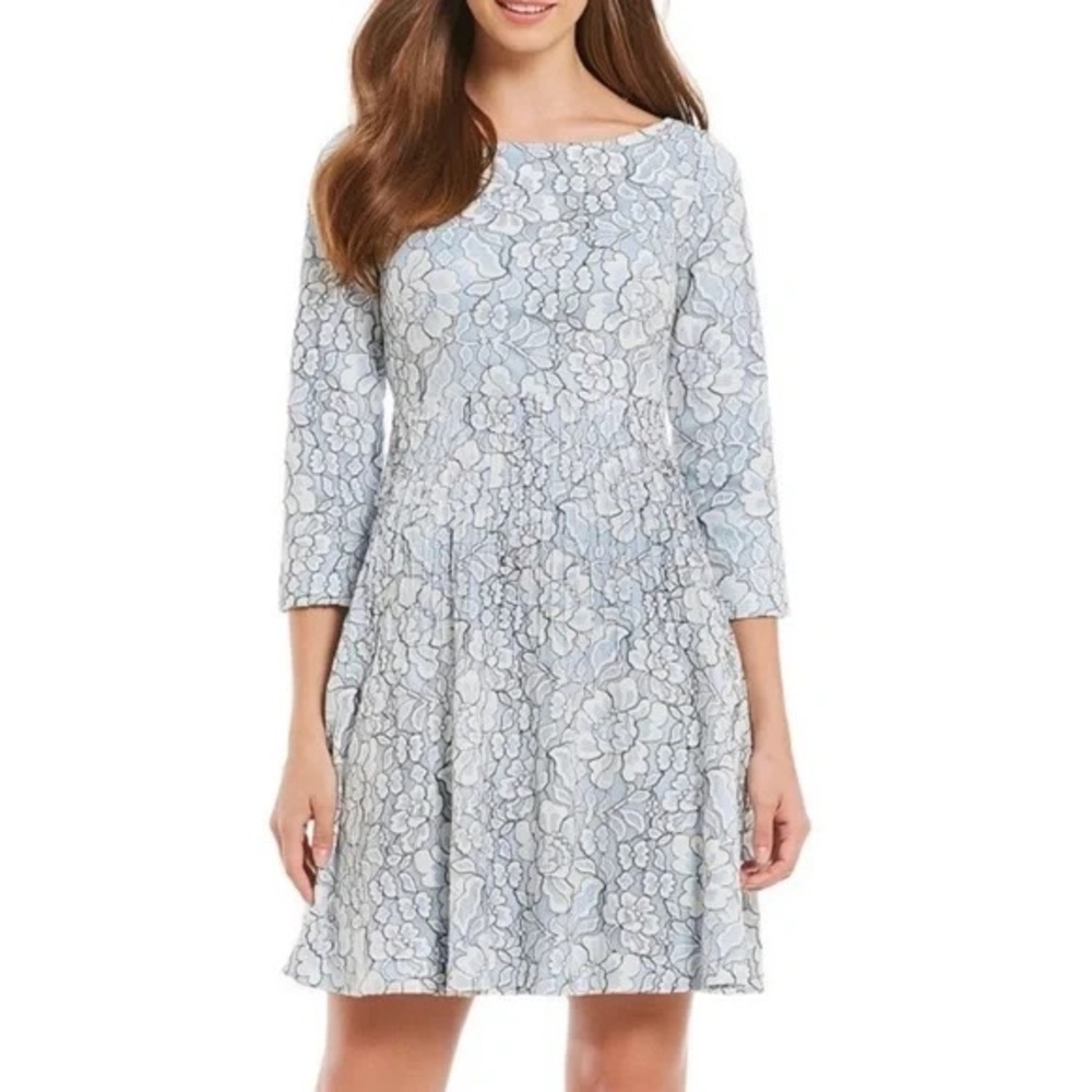 Eliza J Fit and Flare Dress‎ Boatneck Blue and Cream Lace Dress Size 16 16W